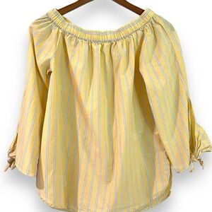 Off the shoulder tie sleeve blouse yellow with baby blue and white stripes